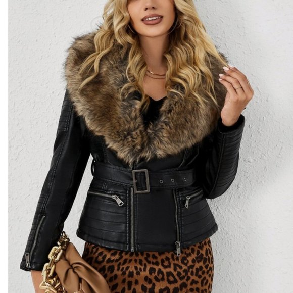 Brown Faux Fur Black Leather Belted Motorcycle Bomber Jacket Sherpa Winter Coat - Picture 2 of 6